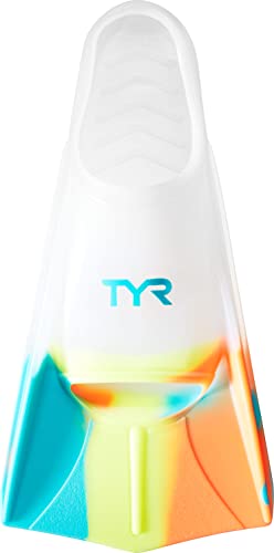 TYR Stryker Silicone Swim Fin for Racing and Training - Small Size, Orange/Teal/Yellow/Clear