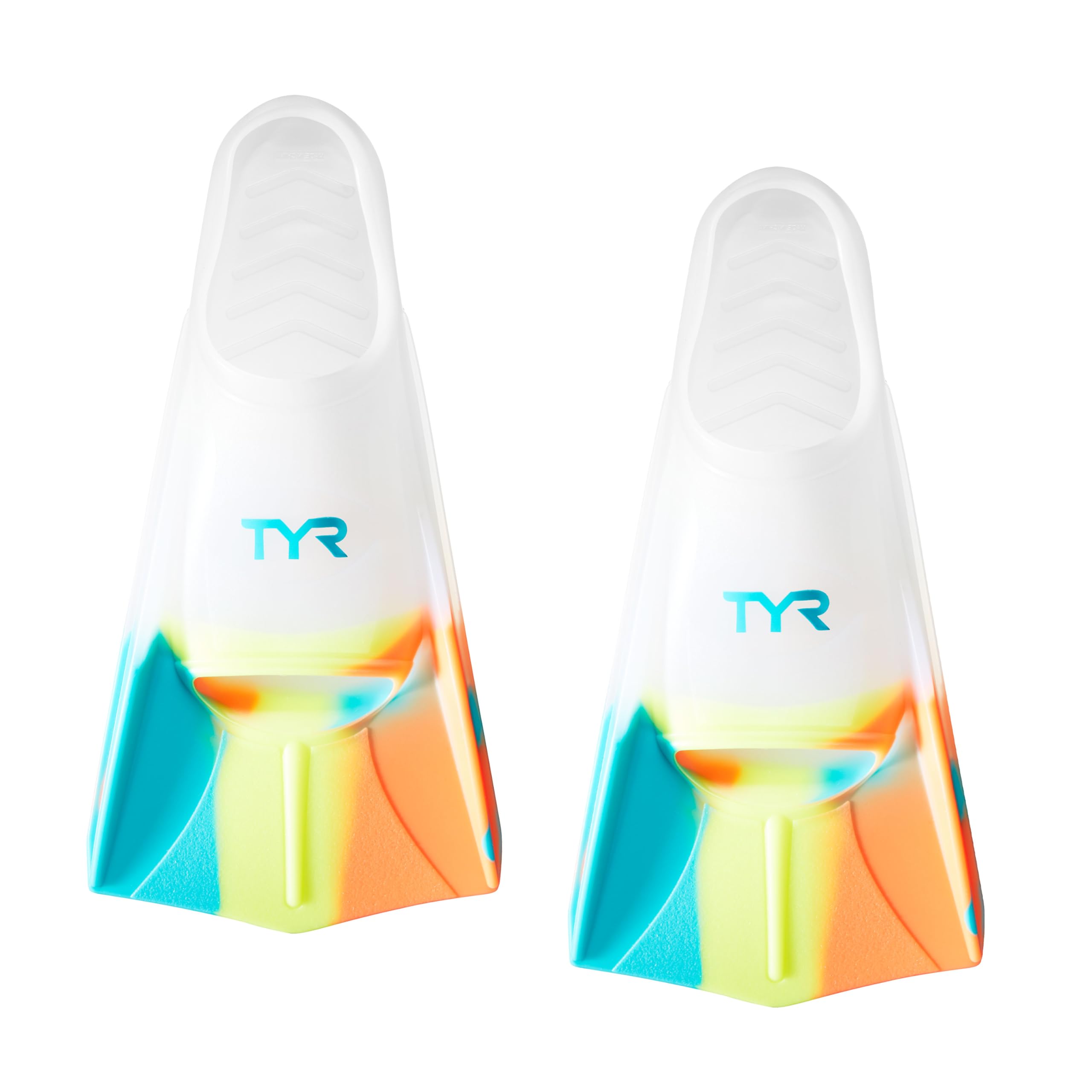 TYR Stryker Silicone Swim Fin for Racing and Training - Small Size, Orange/Teal/Yellow/Clear